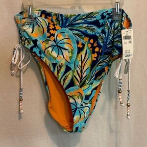 AA-604 Aerie NWT High Cut Cheeky Side Tie Blue & Orange Bikini Bottoms Size L